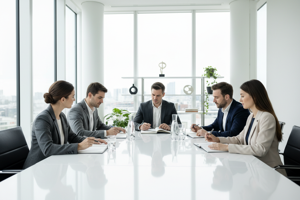 a group of people in a conference room with blank books in a well lite clean backgroudn 