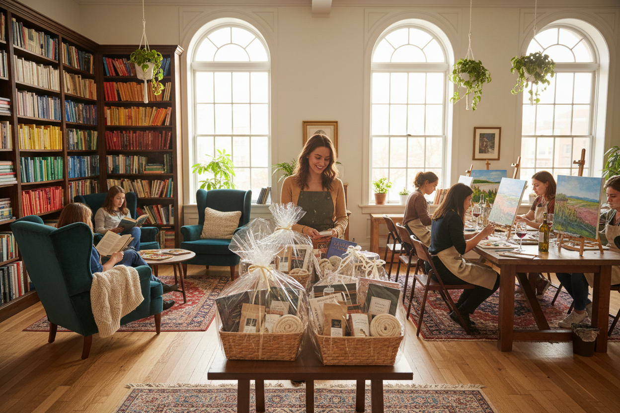 a relaxing studio environment with sunlight streaming through the window and books on a bookshelf with people sitting in nice elegant comfy chairs reading books. On the other side of the room a table set up with paint canvases and wine glasses and people painting, then one person browsing gift packages that have books, blankets and journals in the set 