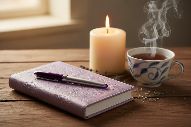 create a picture of a beautiful pen and a lavender leather journal sitting on a table with a candle a cup of steaming tea  