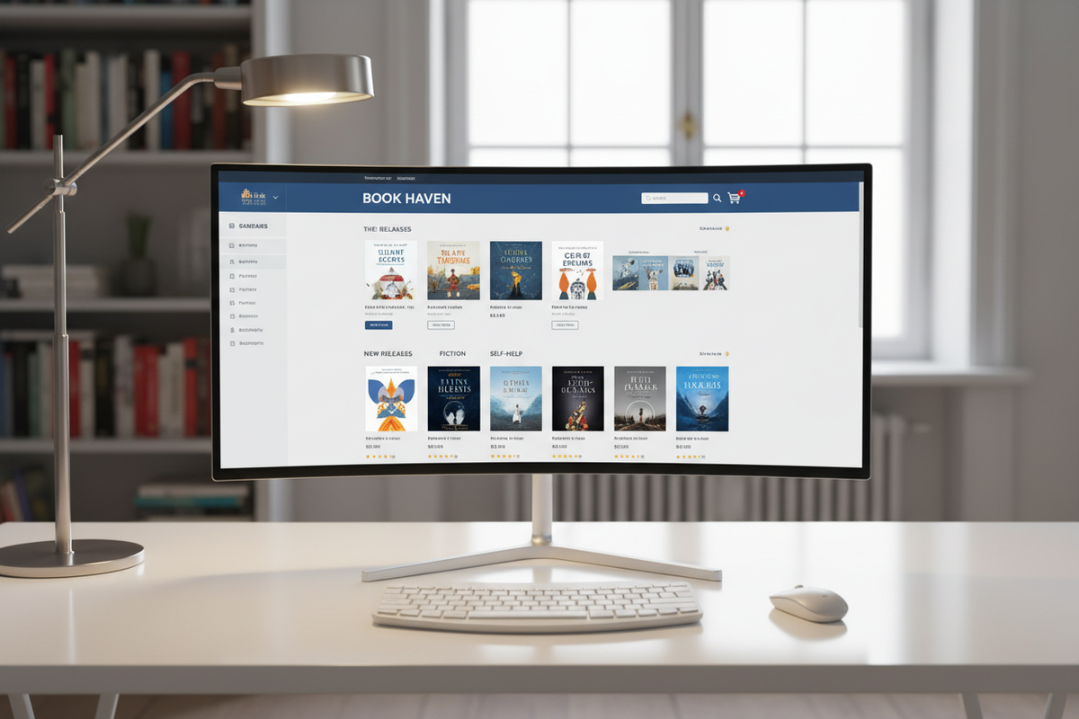 create an image of a computer sitting on a desk on the screen make it a website for shopping for books 