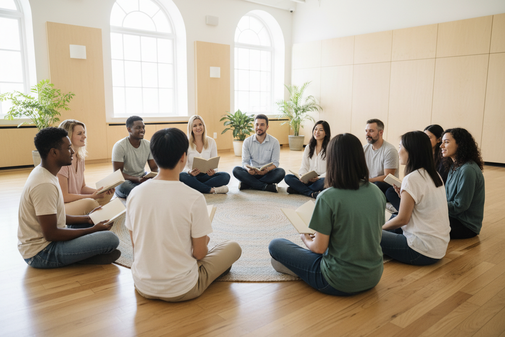 create an image of several people of different genders and races sitting in a circle with a blank book in their hands in a calming clean well lit background 