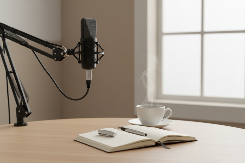 generate a picture of a microphone on a table with a calming clean background a tea cup on the table and a journal open with a pen 